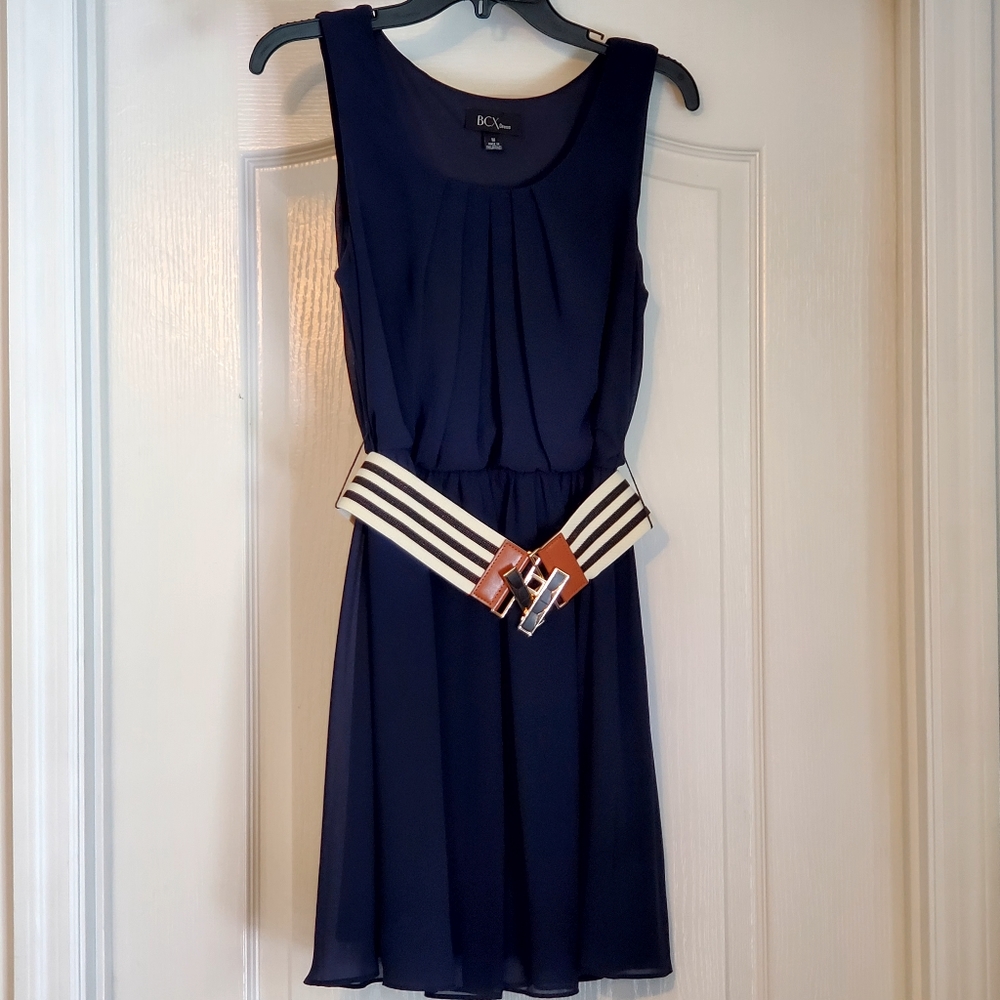 Navy Belted Sheath Dress